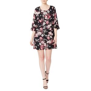 J Howard Shift Dress 8 Black Pink Floral Ruffled‎ Bell Sleeve Feminine Boho Chic